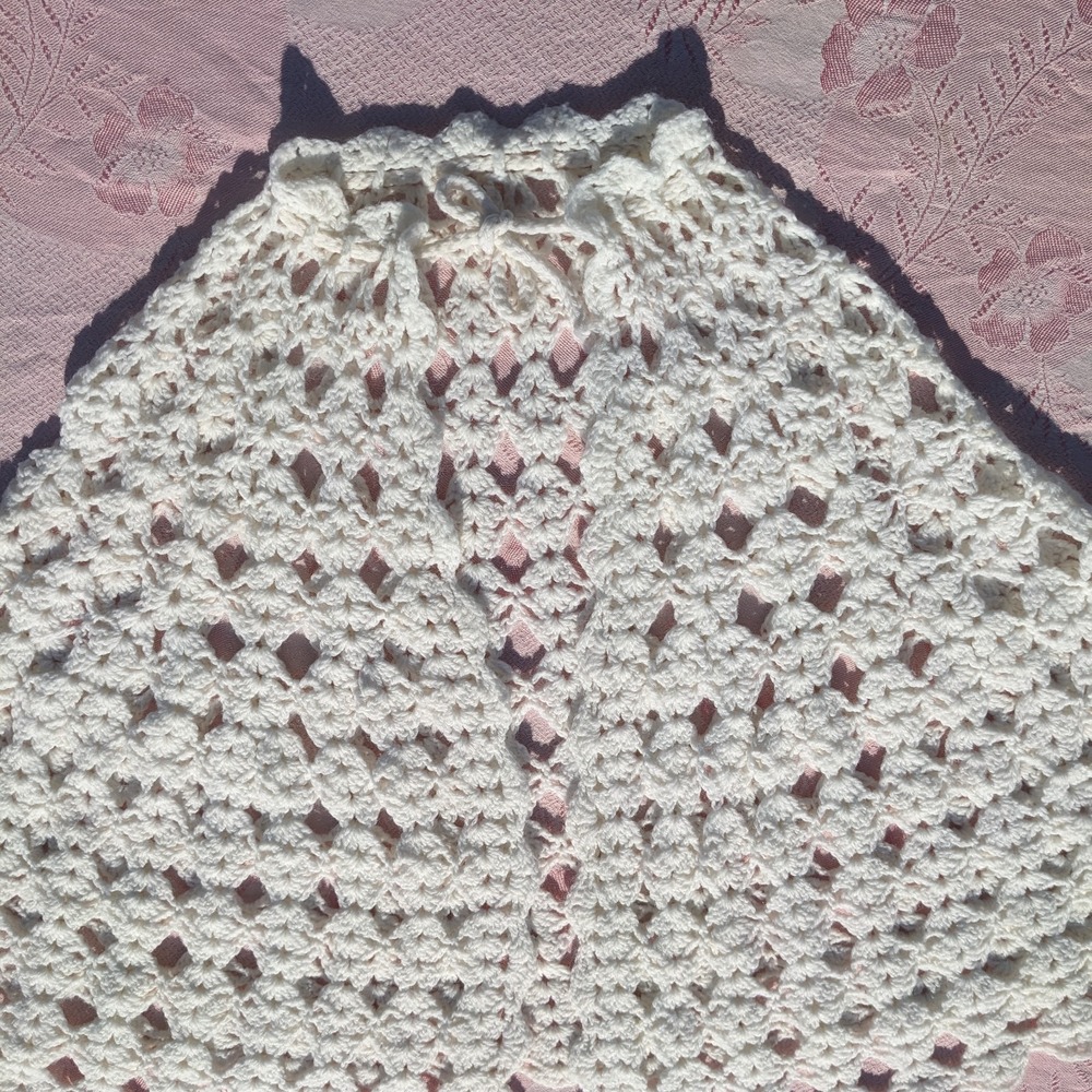 Vintage Handmade Crochet Poncho Cape Women's White Cottage Cardigan Shawl Knit - Picture 4 of 11